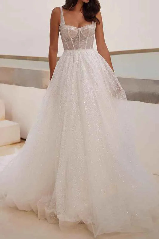 A-Line Square Neck Lace-Up Back Floor-Length Wedding Dress - Yihuiw by Yihuiw