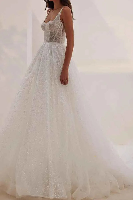 A-Line Square Neck Lace-Up Back Floor-Length Wedding Dress - Yihuiw by Yihuiw