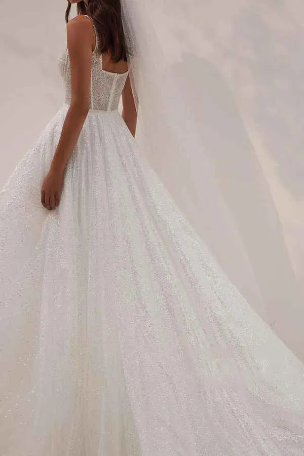 A-Line Square Neck Lace-Up Back Floor-Length Wedding Dress - Yihuiw by Yihuiw