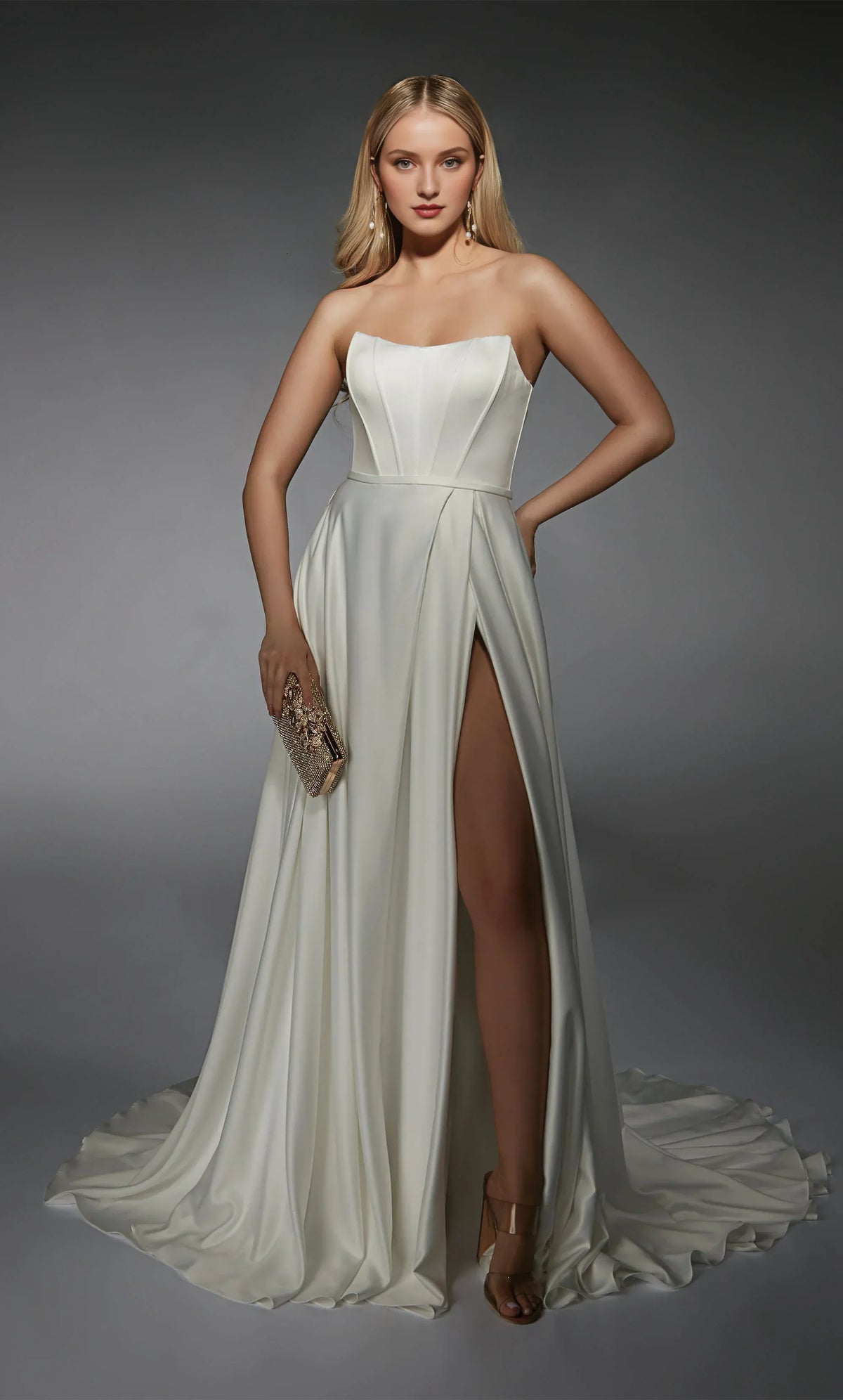 Strapless Satin Lace-Up Back High Slit Wedding Dress - Yihuiw by Yihuiw