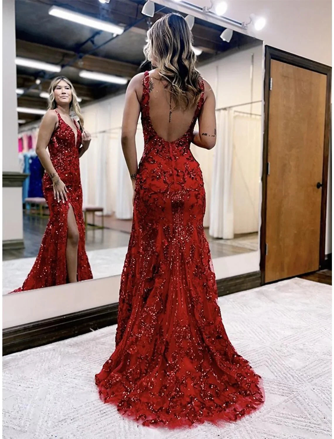 Mermaid / Trumpet Prom Dresses Sparkle & Shine Dress Formal Sweep / Brush Train Sleeveless V Neck Sequined Backless with Sequin by YiHuiw