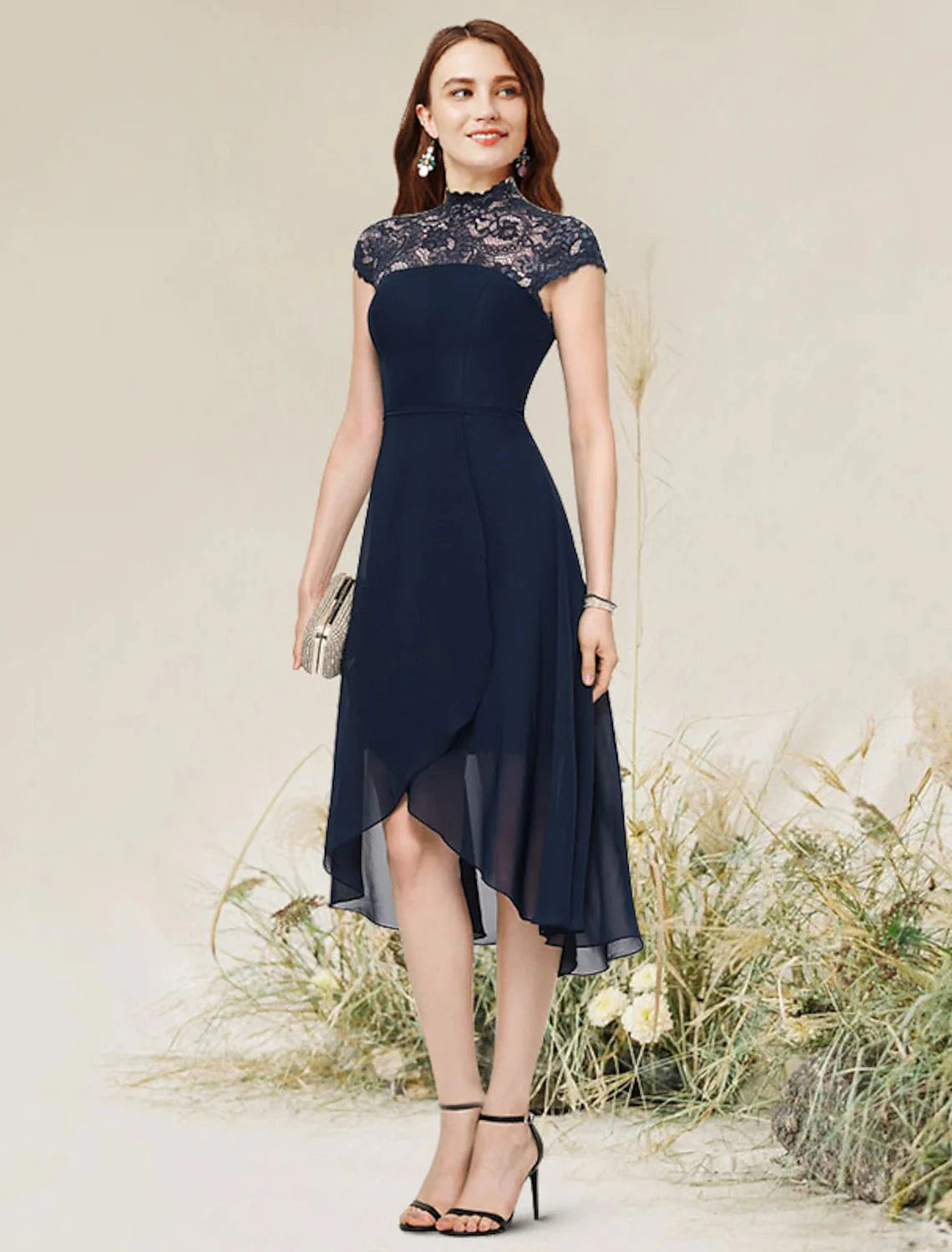 A-Line Cocktail Dresses Flirty Dress Homecoming Wedding Guest Asymmetrical Sleeveless Jewel Neck Chiffon with Lace Insert by YiHuiw