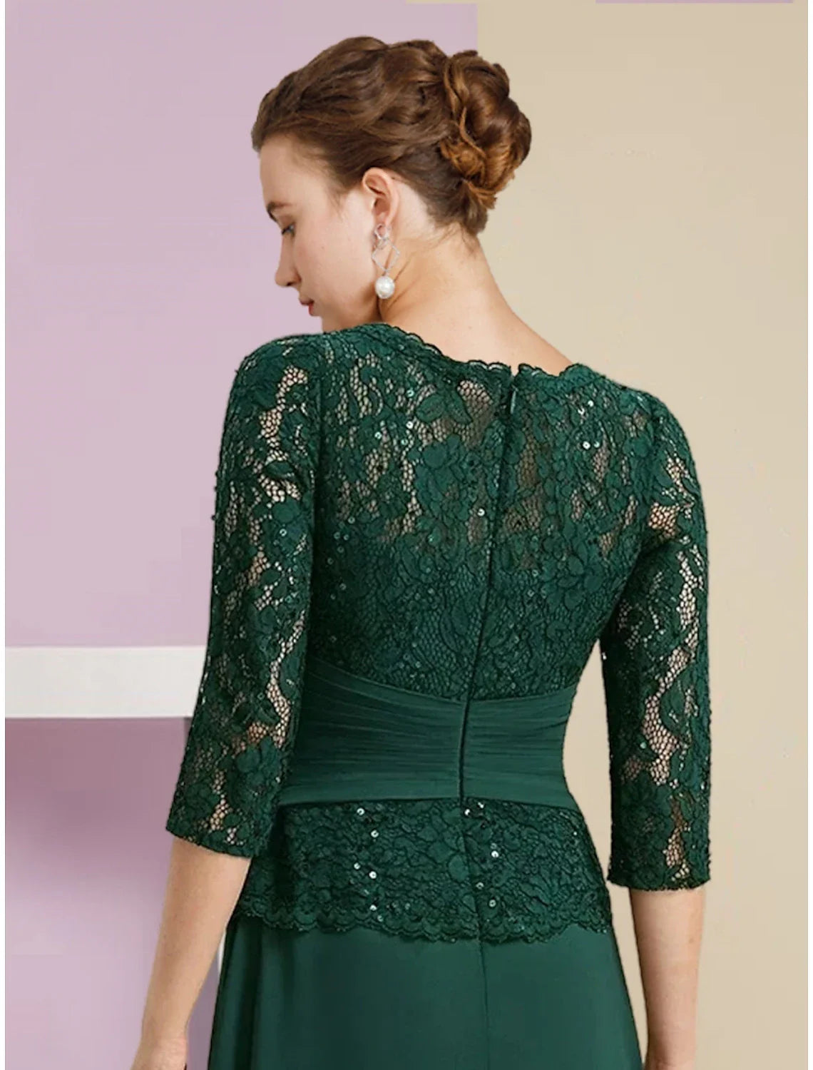 A-Line Mother of the Bride Dress Wedding Guest Elegant Scoop Neck Floor Length  Chiffon 3/4 Length Sleeve with Lace Sequin Ruching