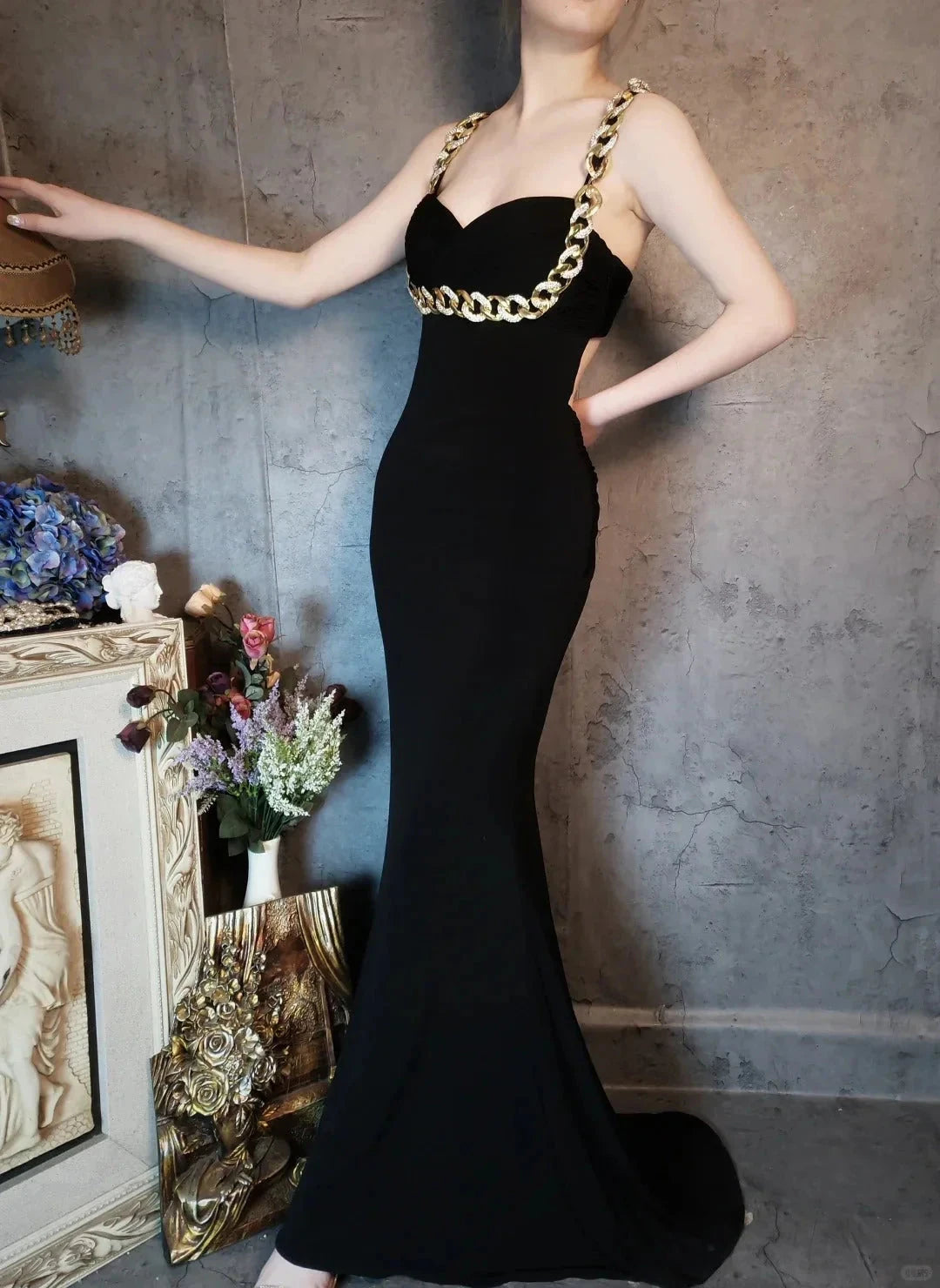 gold chain backless mermaid ball gown sexy elegant evening dress simple gentle atmospheric and unique desi Bring summer colors to enhance whiteness by YiHuiw