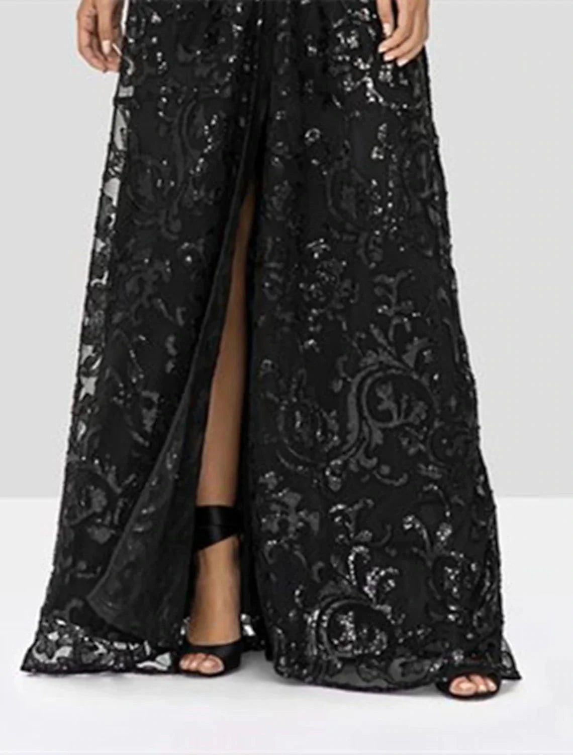 A-Line Mother of the Bride Dress Wedding Guest Elegant Sparkle & Shine V Neck Floor Length Lace Sequined Long Sleeve with Sequin Appliques Split Front by YiHuiw