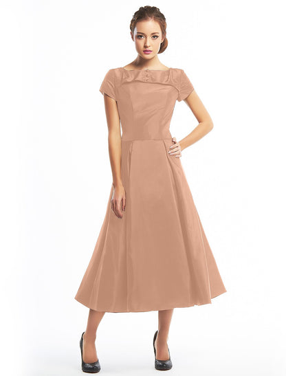A-Line Black Dress Vintage Homecoming Wedding Guest Tea Length Short Sleeve Boat Neck Taffeta with Buttons by YiHuiw