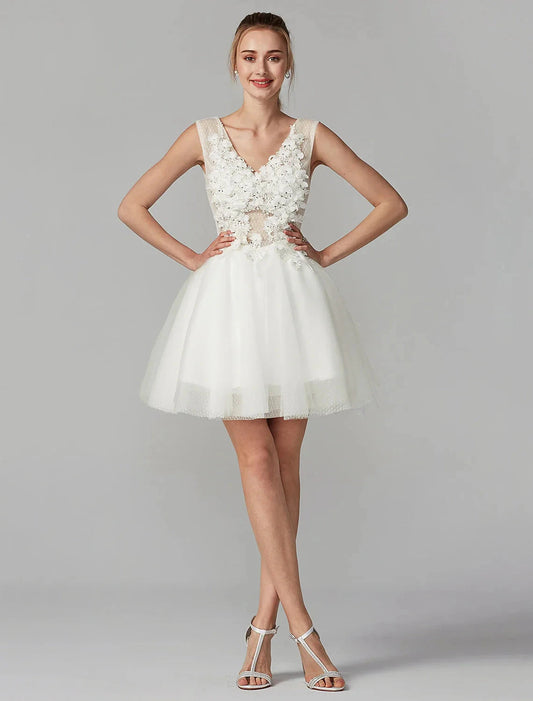 A-Line Party Dress Homecoming Graduation Short / Mini Sleeveless V Neck Lace Over Tulle with Crystals Appliques by YiHuiw