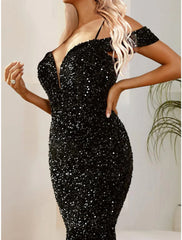 Mermaid / Trumpet Evening Gown Black Dress Formal Floor Length Short Sleeve Spaghetti Strap Sequined with Sequin