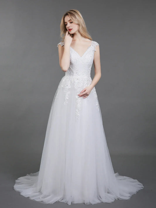 A-Line V-Neck Floor-Length Wedding Dress - Yihuiw by Yihuiw
