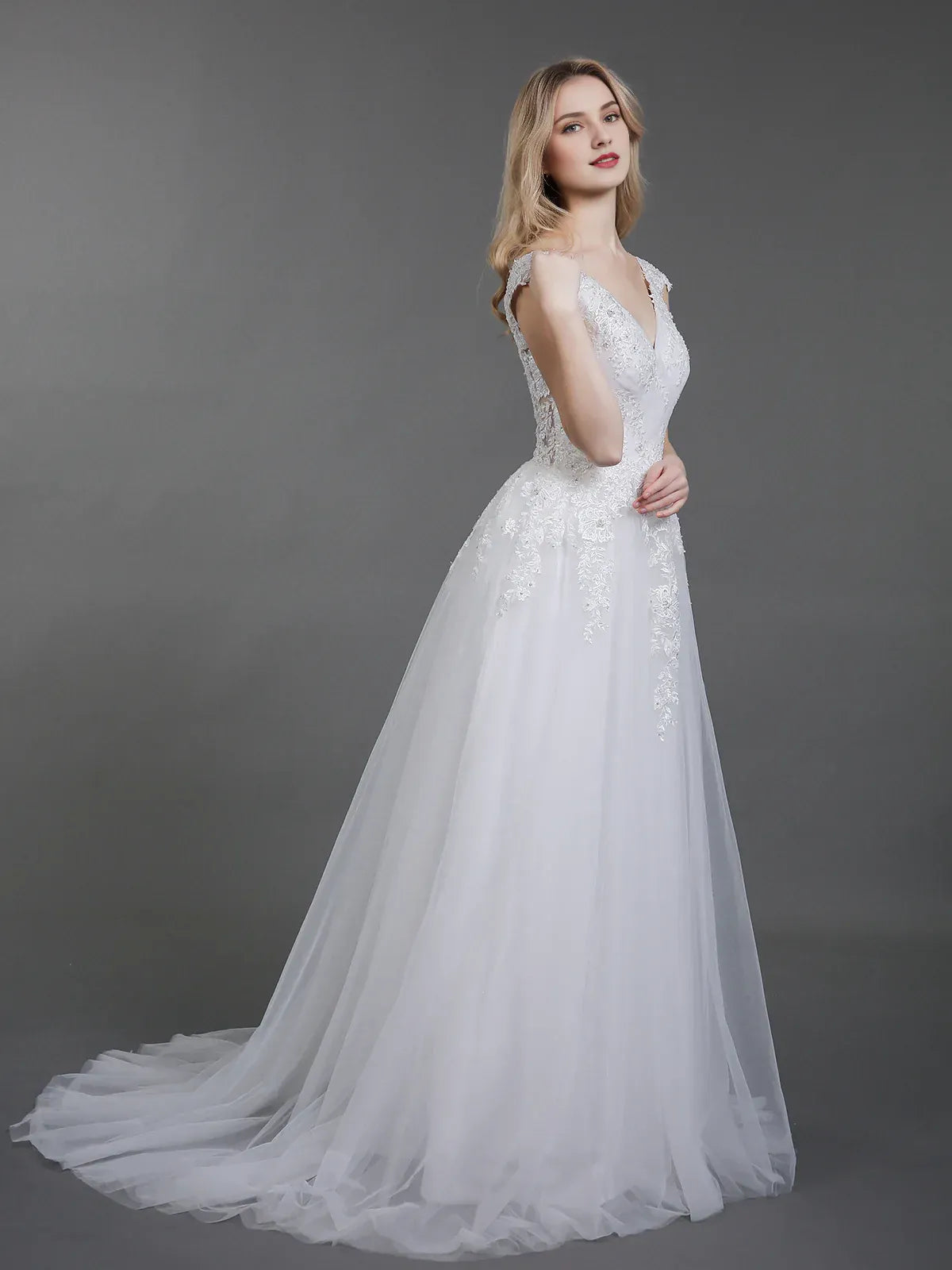 A-Line V-Neck Floor-Length Wedding Dress - Yihuiw by Yihuiw