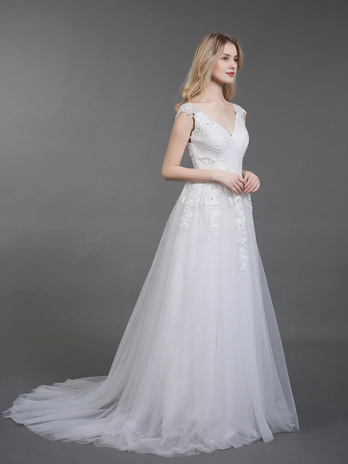 A-Line V-Neck Floor-Length Wedding Dress - Yihuiw by Yihuiw