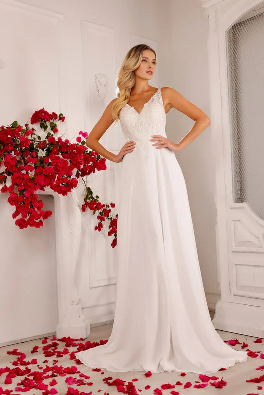 A-Line V-Neck Sleeveless Floor-Length Wedding Dress - Yihuiw by Yihuiw