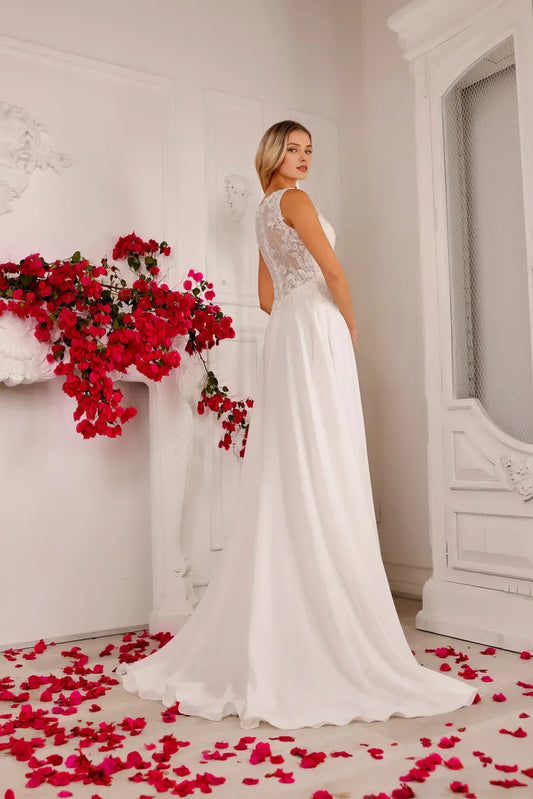 A-Line V-Neck Sleeveless Floor-Length Wedding Dress - Yihuiw by Yihuiw