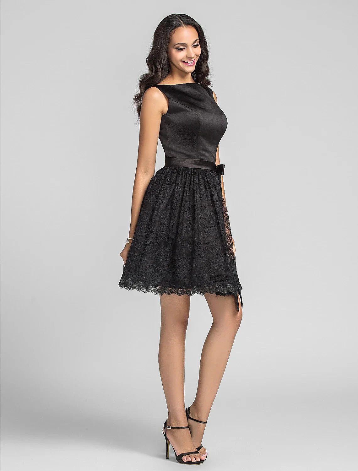 Ball Gown / A-Line Bridesmaid Dress Bateau Neck Sleeveless Little Black Dress Tea Length Lace / Charmeuse with Lace / Draping by YiHuiw