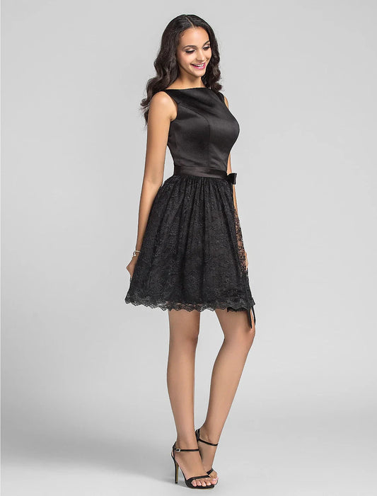 Ball Gown / A-Line Bridesmaid Dress Bateau Neck Sleeveless Little Black Dress Tea Length Lace / Charmeuse with Lace / Draping by YiHuiw
