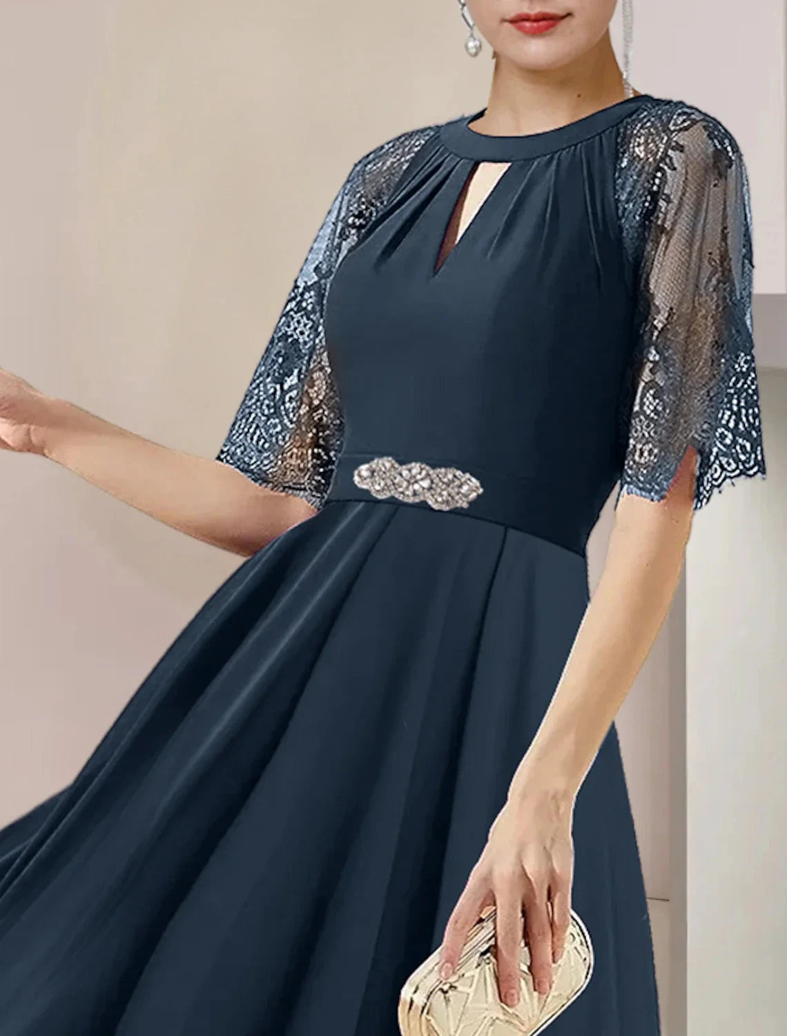 A-Line Mother of the Bride Dress Formal Wedding Guest Party Elegant High Low Scoop Neck Tea Length Chiffon Lace 3/4 Length Sleeve with Pleats Crystal Brooch by YiHuiw