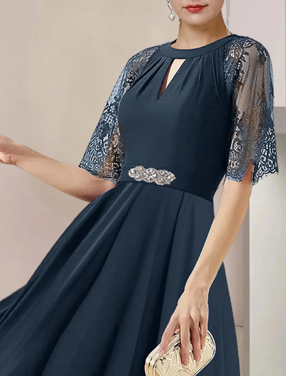 A-Line Mother of the Bride Dress Formal Wedding Guest Party Elegant High Low Scoop Neck Tea Length Chiffon Lace 3/4 Length Sleeve with Pleats Crystal Brooch by YiHuiw