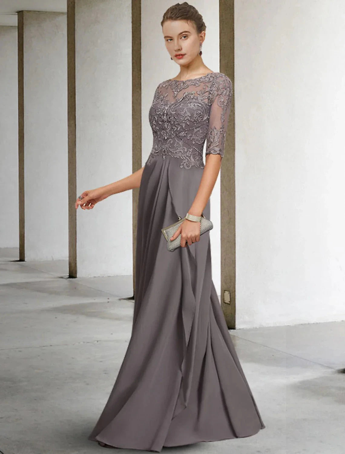A-Line Mother of the Bride Dress Plus Size Elegant Jewel Neck Floor Length Chiffon Lace Half Sleeve with Pleats Beading Appliques by YiHuiw