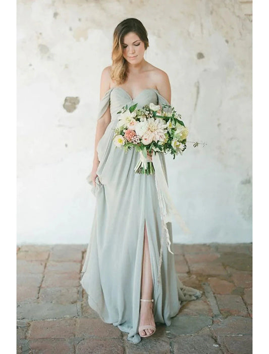 A-Line Bridesmaid Dress Sweetheart Neckline Short Sleeve Furcal Floor Length Chiffon with Pleats / Split Front by YiHuiw
