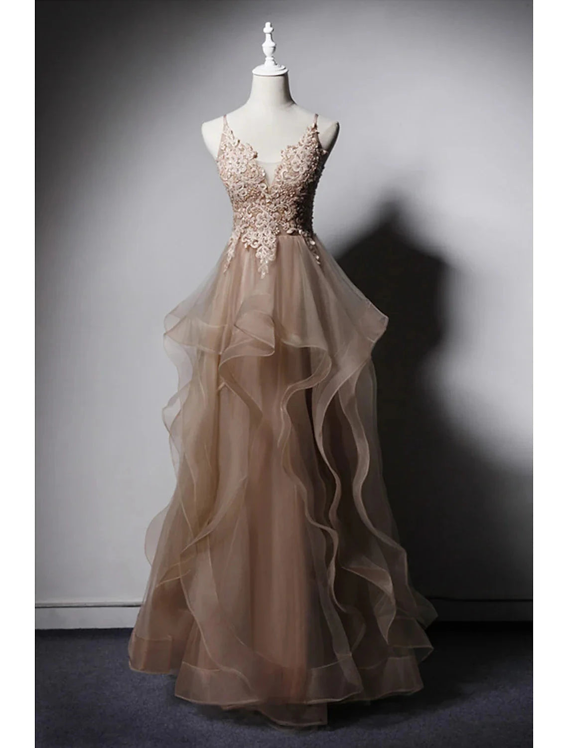 A-Line Prom Dresses Open Back Dress Formal Wedding Party Floor Length Sleeveless Spaghetti Strap Lace with Ruffles Appliques by YiHuiw