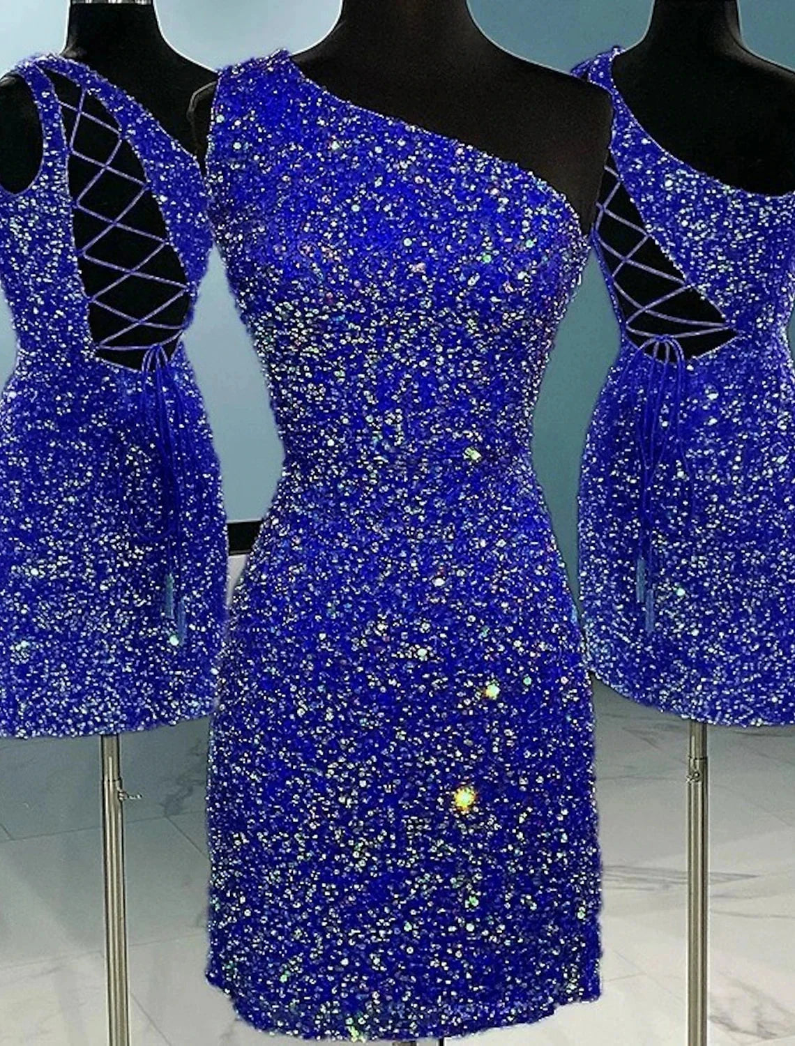 A-Line Sheath / Column Homecoming Dresses Sparkle & Shine Dress Holiday Graduation Short / Mini Sleeveless One Shoulder Sequined with Glitter Strappy by YiHuiw