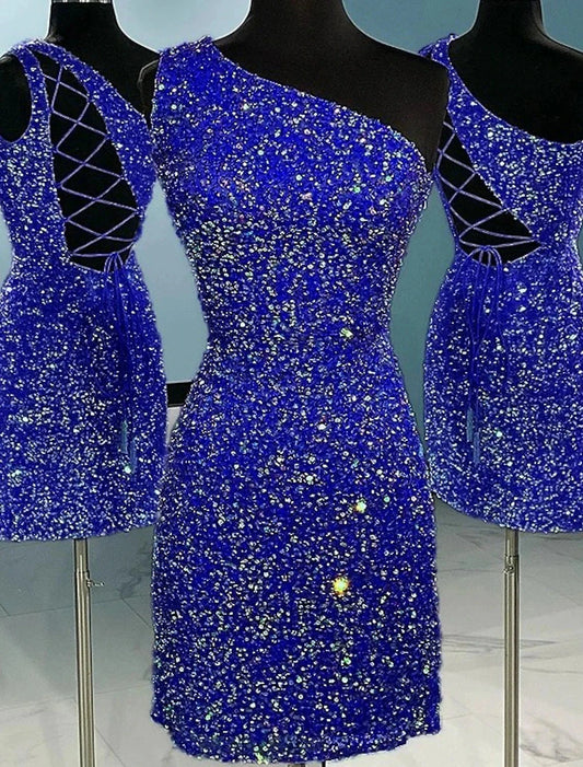 A-Line Sheath / Column Homecoming Dresses Sparkle & Shine Dress Holiday Graduation Short / Mini Sleeveless One Shoulder Sequined with Glitter Strappy by YiHuiw