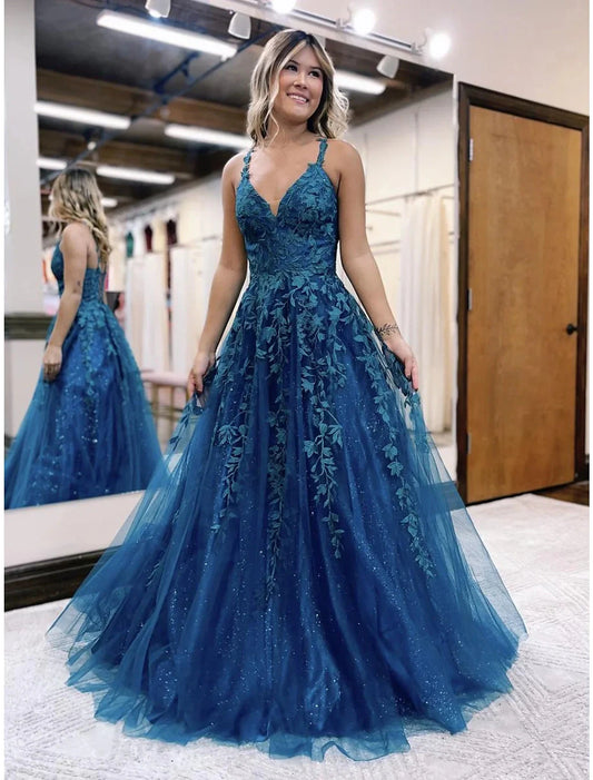 Ball Gown A-Line Prom Dresses Sparkle & Shine Dress Formal Wedding Party Dress Floor Length Sleeveless V Neck Tulle Backless with Glitter Appliques by YiHuiw
