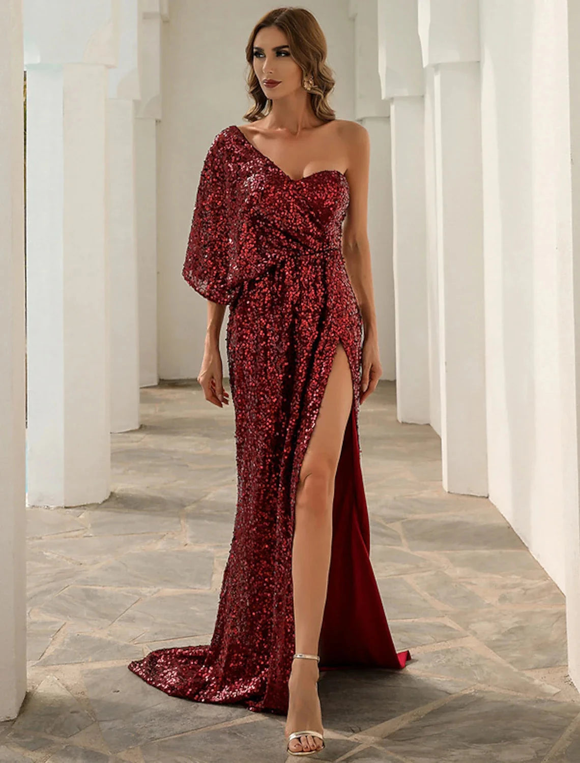 A-Line Evening Gown Sparkle & Shine Dress Formal Wedding Court Train Sleeveless One Shoulder Polyester with Sequin Slit by YiHuiw