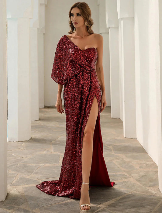 A-Line Evening Gown Sparkle & Shine Dress Formal Wedding Court Train Sleeveless One Shoulder Polyester with Sequin Slit by YiHuiw
