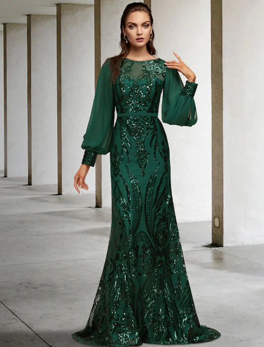 Mermaid / Trumpet Mother of the Bride Dress Wedding Guest Elegant Sparkle & Shine Jewel Neck Sweep / Brush Train Chiffon Sequined Long Sleeve with Sequin Appliques by YiHuiw