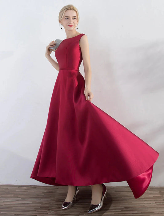A-Line Evening Gown Minimalist Dress Party Wear Formal Evening Asymmetrical Sleeveless Jewel Neck Satin with Sleek by YiHuiw