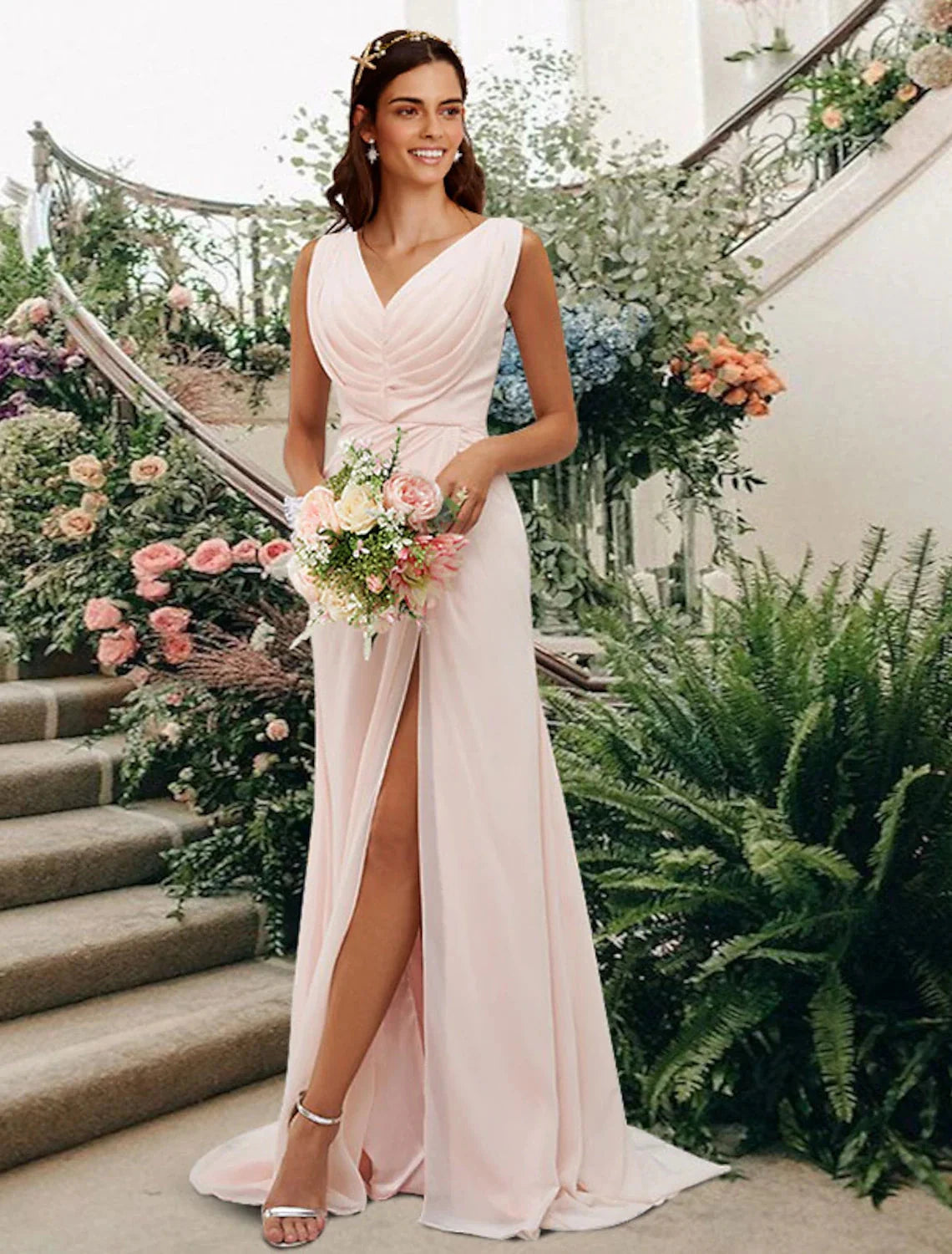 A-Line Bridesmaid Dress V Neck Sleeveless Elegant Floor Length Chiffon with Split Front / Ruching by YiHuiw