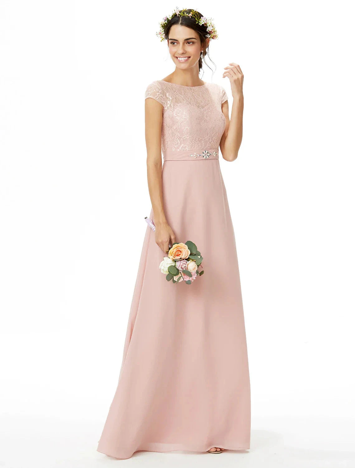 Sheath / Column Bridesmaid Dress Bateau Neck Short Sleeve Elegant Floor Length Chiffon / Lace with Lace / Sash / Ribbon / Bow(s) by YiHuiw