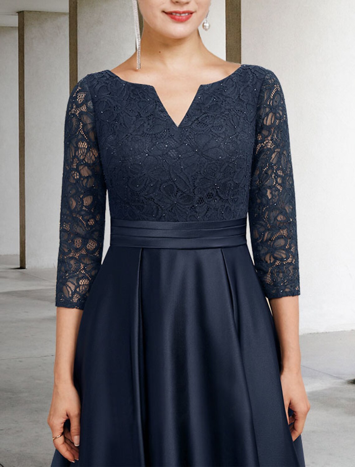 A-Line Mother of the Bride Dress Plus Size Elegant V Neck Ankle Length Satin Lace 3/4 Length Sleeve No with Pleats Ruched by YiHuiw