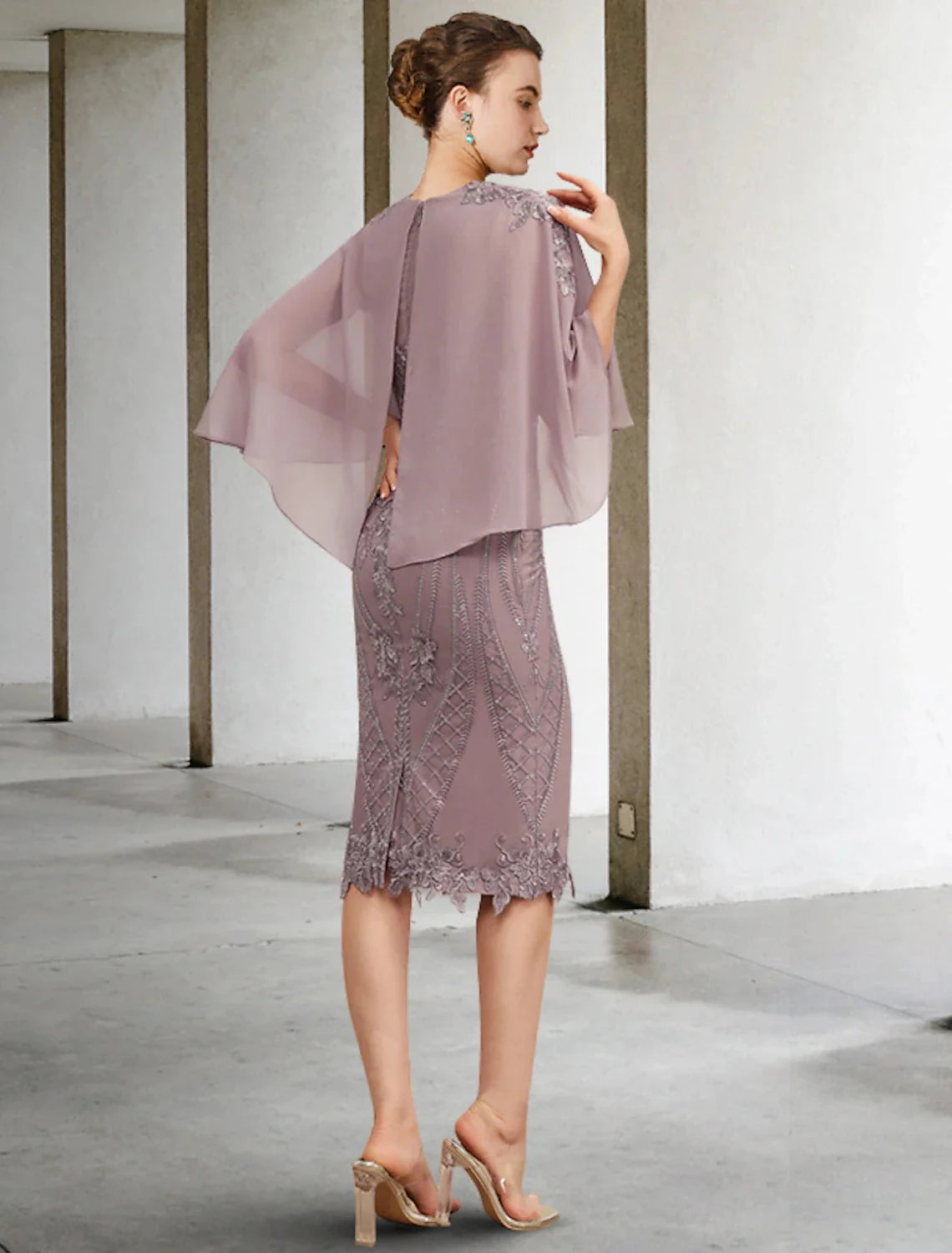 Sheath / Column Mother of the Bride Dress Vintage Elegant Square Neck Knee Length Chiffon Lace Sleeveless Jacket Dresses with Appliques by YiHuiw