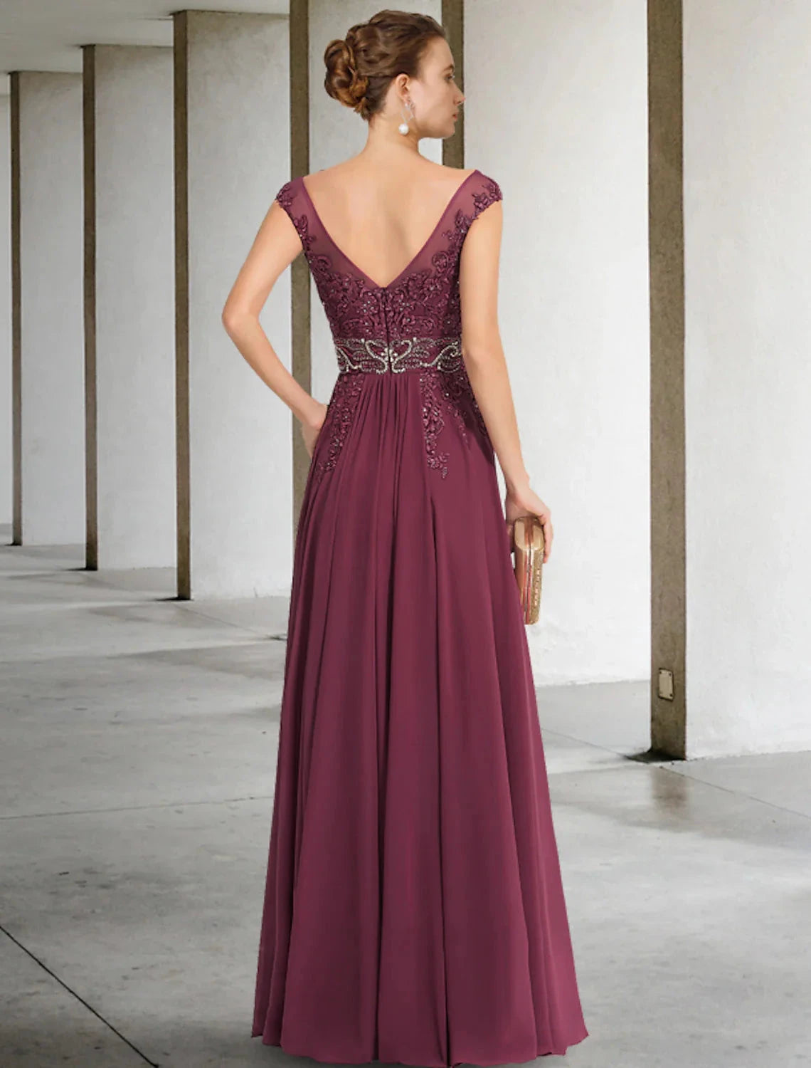 A-Line Mother of the Bride Dress Luxurious Elegant V Neck Floor Length Chiffon Lace Sleeveless with Sash / Ribbon Beading Split Front by YiHuiw