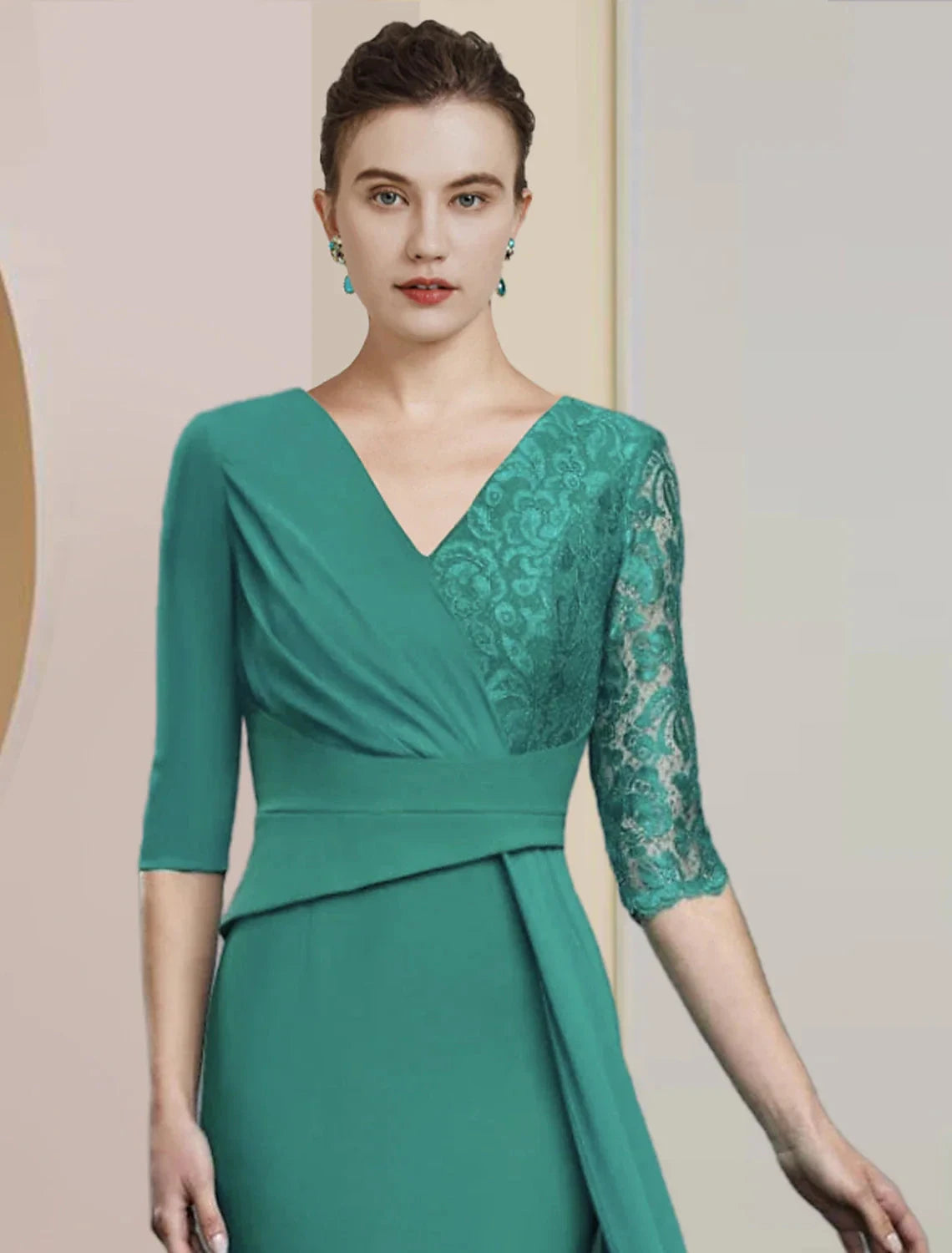 Sheath / Column Mother of the Bride Dress Formal Wedding Guest Party Elegant V Neck Floor Length Chiffon Lace Half Sleeve with Ruching by YiHuiw