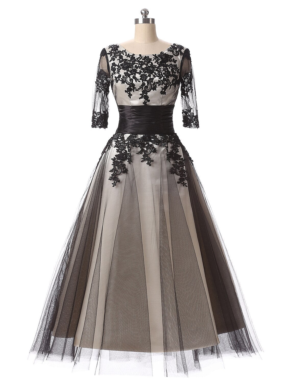 Ball Gown Evening Gown Color Block Dress Formal Evening Ankle Length Half Sleeve Jewel Neck Fall Wedding Guest Lace with Lace Insert Appliques by YiHuiw