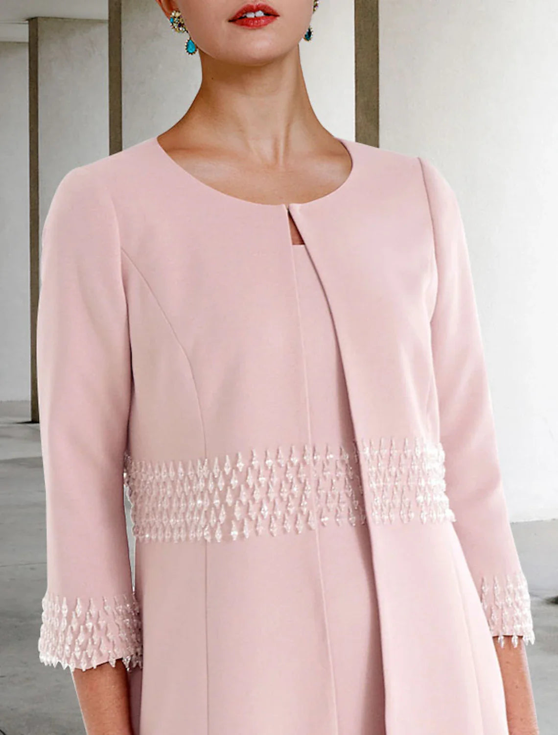 Two Piece Sheath / Column Mother of the Bride Dress Wedding Guest Church Elegant Jewel Neck Knee Length  Fabric Short Sleeve Jacket Dresses with Beading Fall