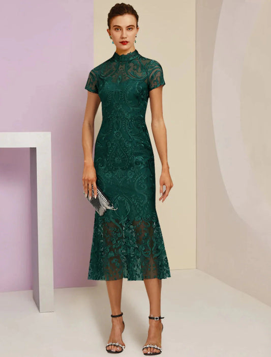 Sheath / Column Mother of the Bride Dress Wedding Guest Elegant High Neck Tea Length Lace Short Sleeve with Appliques by YiHuiw