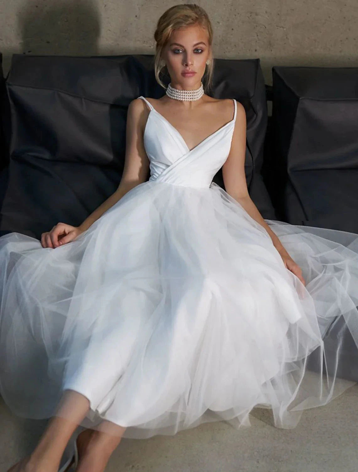Reception Little White Dresses Casual Wedding Dresses A-Line Camisole V Neck Spaghetti Strap Ankle Length Tulle Bridal Gowns With Solid Color Summer Wedding Party Women's Clothing by YiHuiw