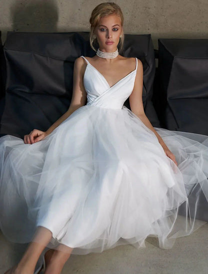 Reception Little White Dresses Casual Wedding Dresses A-Line Camisole V Neck Spaghetti Strap Ankle Length Tulle Bridal Gowns With Solid Color Summer Wedding Party Women's Clothing by YiHuiw