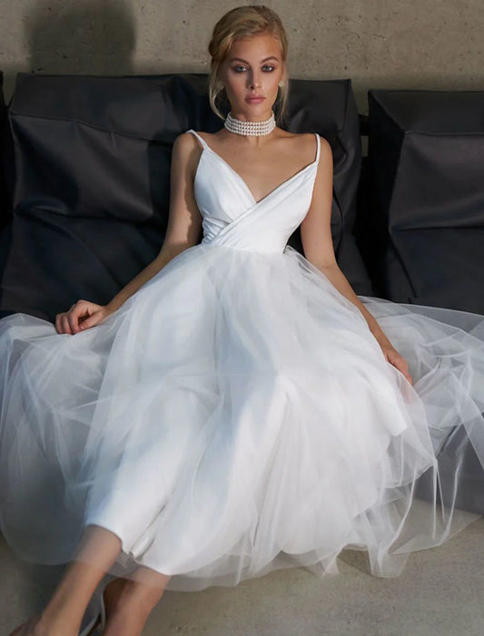 Reception Little White Dresses Casual Wedding Dresses A-Line Camisole V Neck Spaghetti Strap Ankle Length Tulle Bridal Gowns With Solid Color  Summer Wedding Party  Women's Clothing