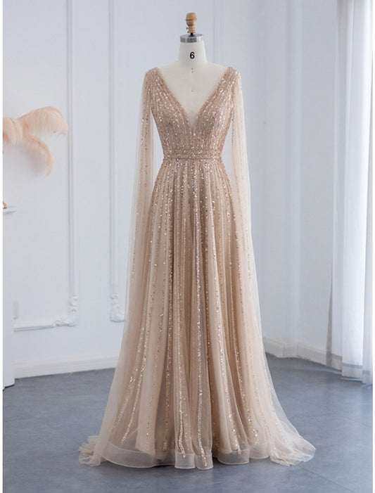 A-Line Evening Gown Sparkle & Shine Dress Formal Fall Sweep / Brush Train Long Sleeve V Neck Sequined with Glitter Pleats by YiHuiw