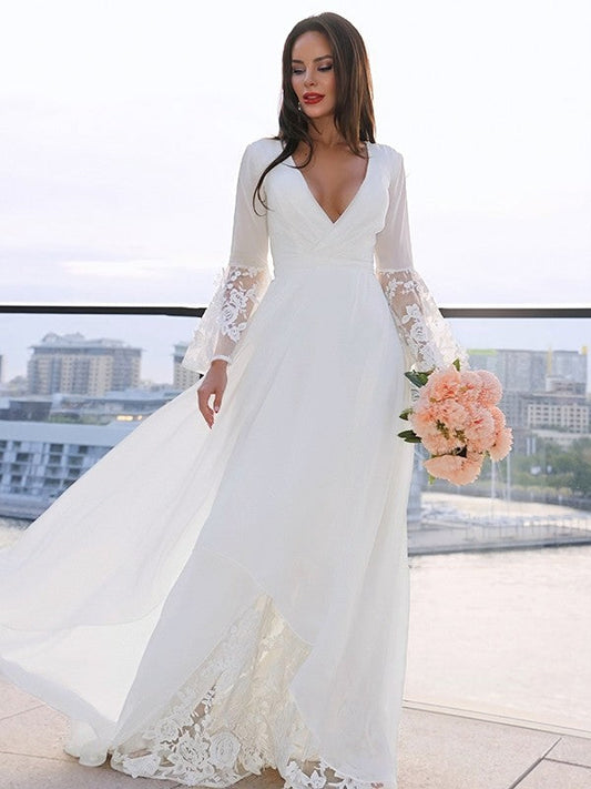 A-Line/Princess Lace V-neck Long Sleeves Sash/Ribbon/Belt Sweep/Brush Train Wedding Dresses by YiHuiw