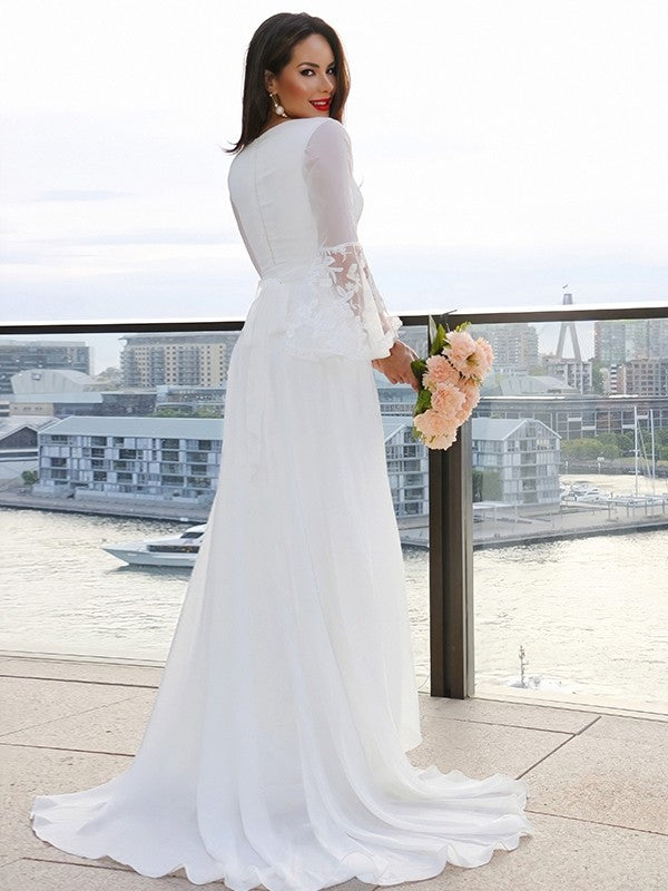 A-Line/Princess Lace V-neck Long Sleeves Sash/Ribbon/Belt Sweep/Brush Train Wedding Dresses by YiHuiw