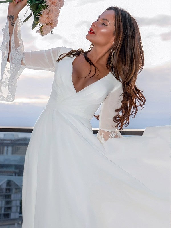 A-Line/Princess Lace V-neck Long Sleeves Sash/Ribbon/Belt Sweep/Brush Train Wedding Dresses by YiHuiw