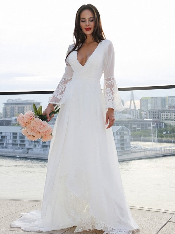 A-Line/Princess Lace V-neck Long Sleeves Sash/Ribbon/Belt Sweep/Brush Train Wedding Dresses by YiHuiw