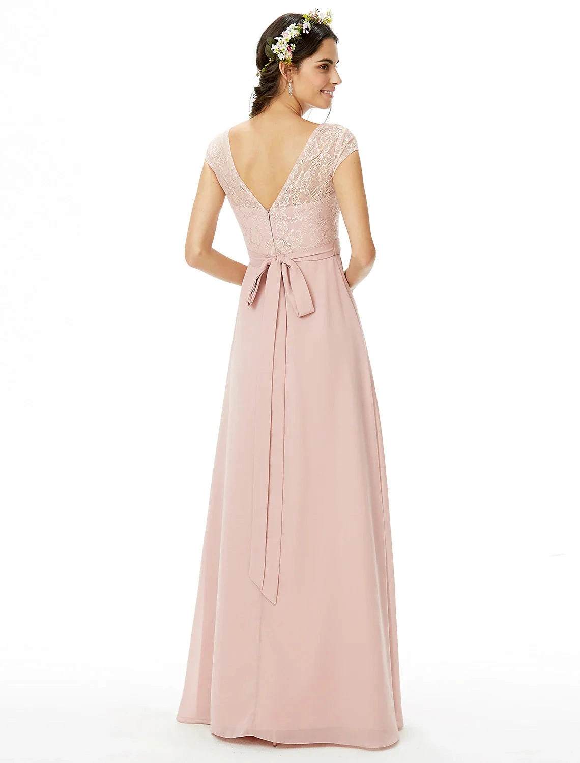 Sheath / Column Bridesmaid Dress Bateau Neck Short Sleeve Elegant Floor Length Chiffon / Lace with Lace / Sash / Ribbon / Bow(s) by YiHuiw