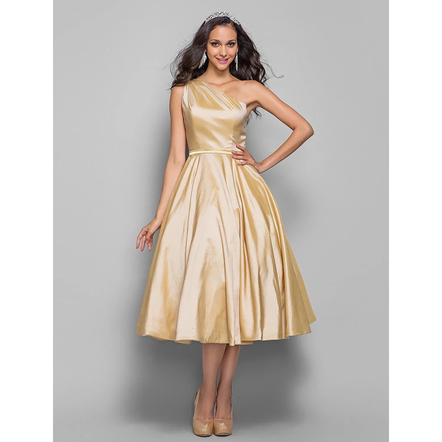 A-Line Minimalist Elegant Cocktail Party Wedding Party Dress One Shoulder Sleeveless Tea Length Taffeta with Sash / Ribbon by YiHuiw